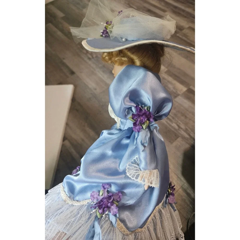 Vintage Porcelain Doll 19 Inch Blue Satin Lace‎ Dress Blonde Hair Blue Eyes Hat